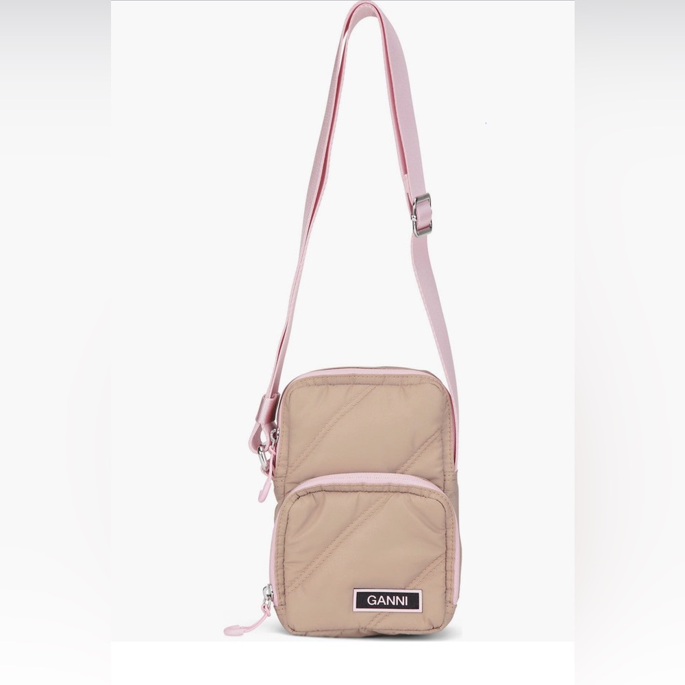 GANNI  Mini Quilted Crossbody bag. Tan/pink. Quilted recycled polyester. NWT!